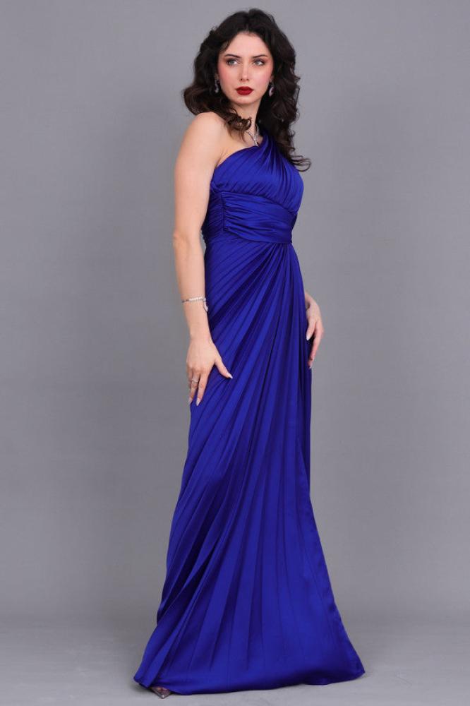 Perkins One Shoulder Satin Evening Dress in Navy Blue المقاس:(M)