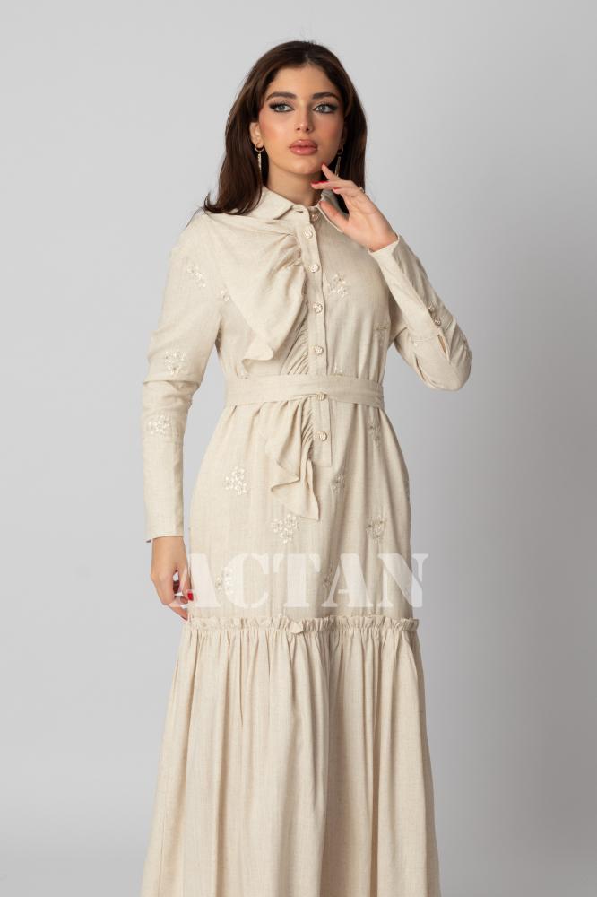 Beige linen maxi dress المقاس:(L - 40)