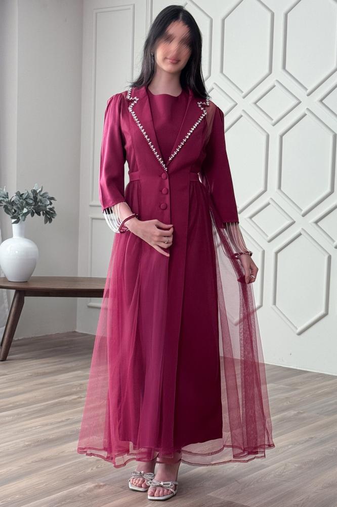 Purple Crystal Embellished Tulle Two-Piece Dress Size:(M - 38)