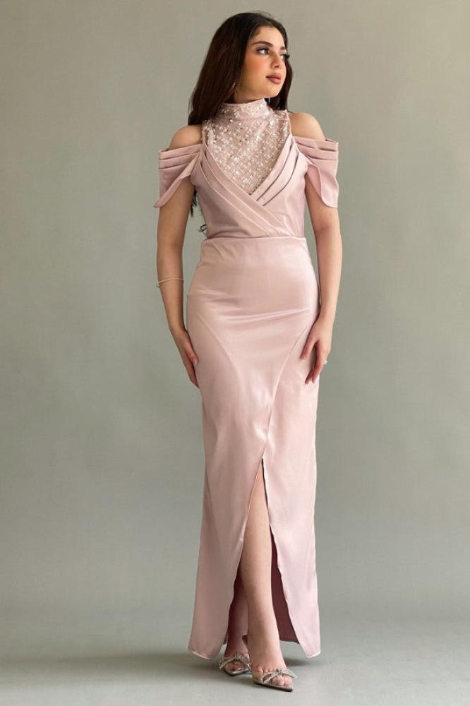 Pink embroidered maxi evening dress المقاس:(M)