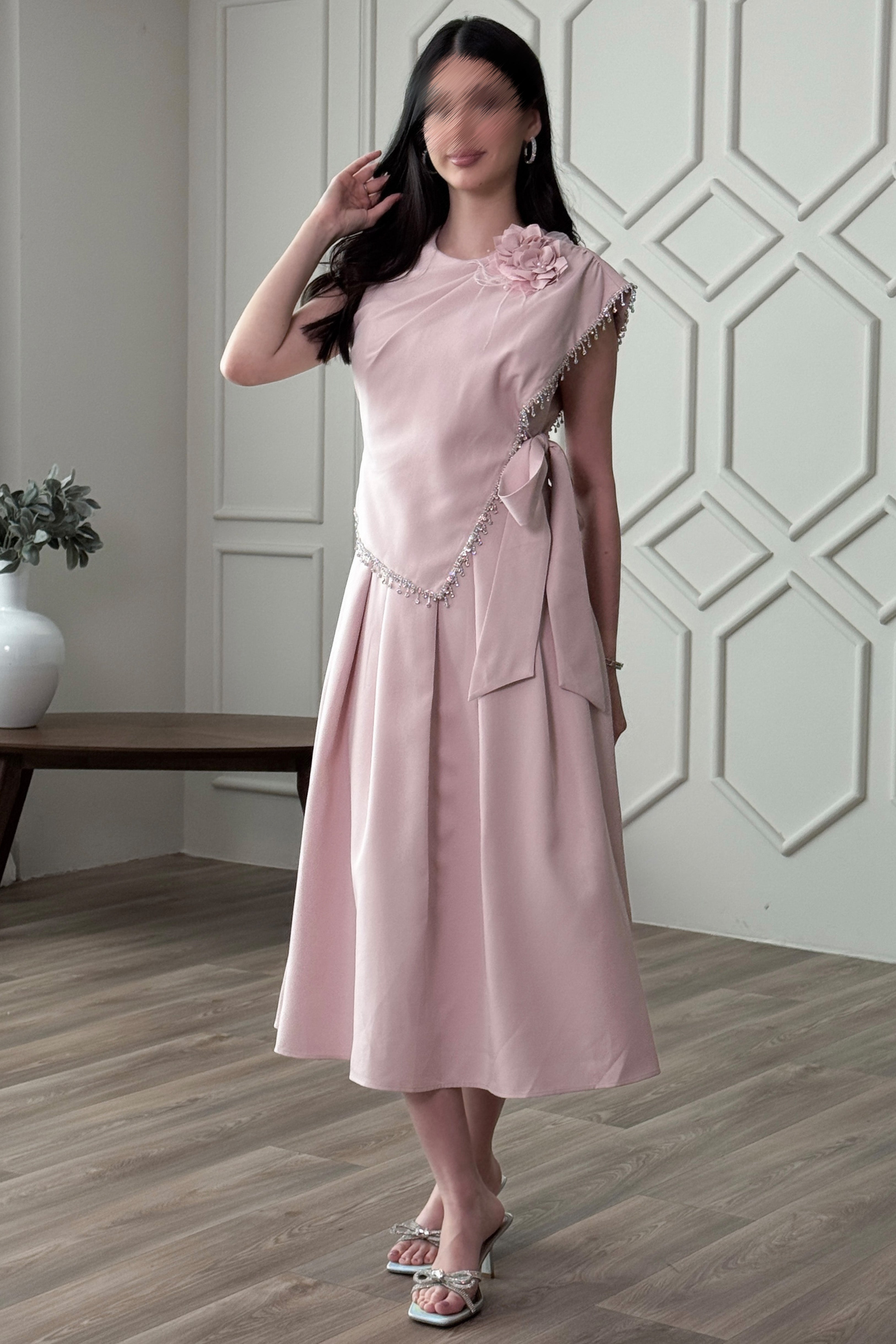 Pink floral brooch tie midi dress