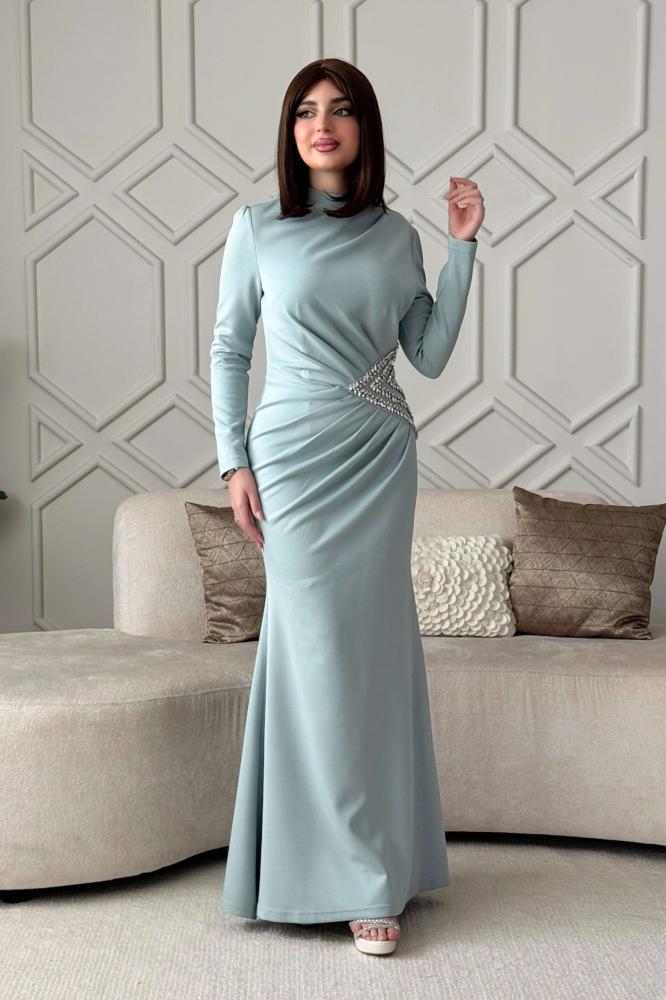 Long draped dress with Tiffany-colored crystals المقاس:(M - 38)