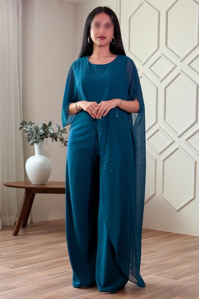 Turquoise sequin jumpsuit with scarf المقاس:(M)