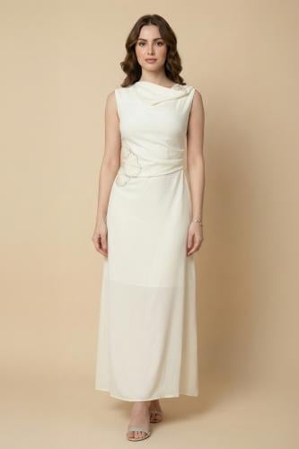 Beige Draped Sequin Maxi Dress المقاس:(XXL - 44)