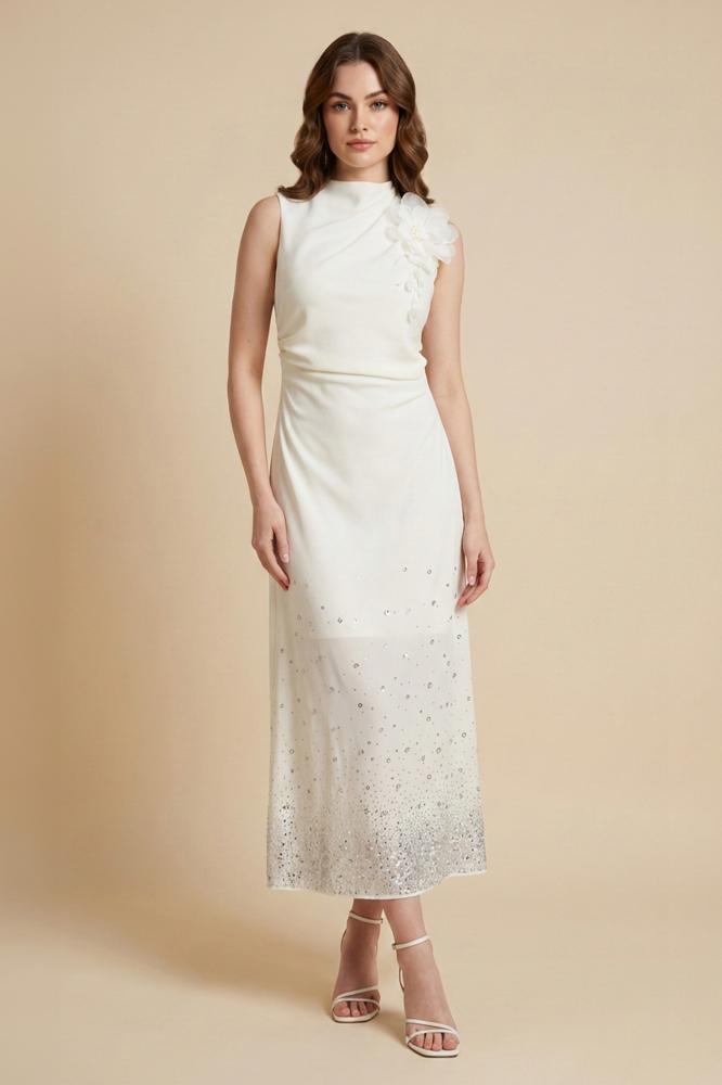 Beige draped dress with rose brooch المقاس:(S - 36)