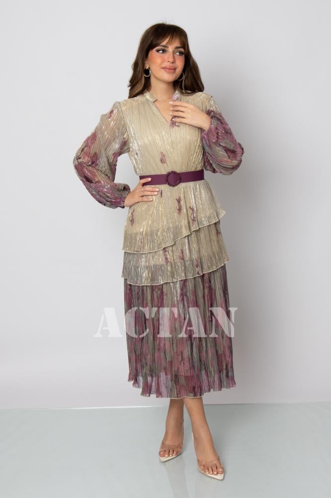 Beige Chiffon Tiered Midi Dress المقاس:(M - 38)