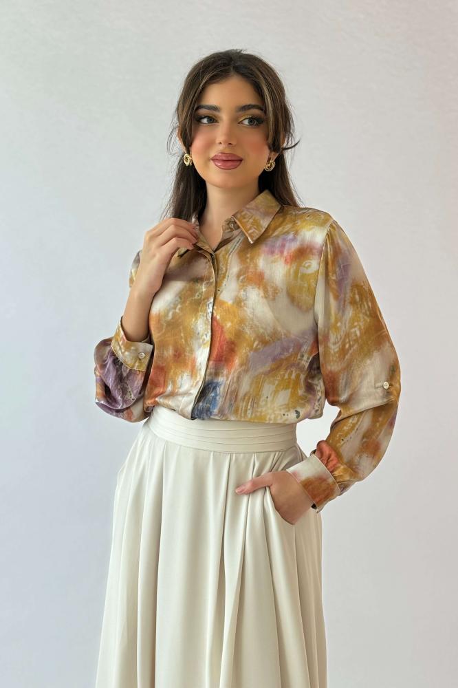 Orange Wave Print Turn-Down Collar Shirt المقاس:(XXL - 44)