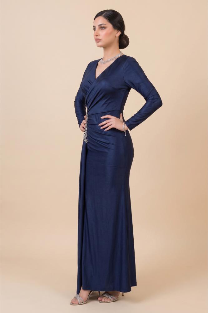Navy blue maxi dress with slit and gathered waist المقاس:(L - 40)