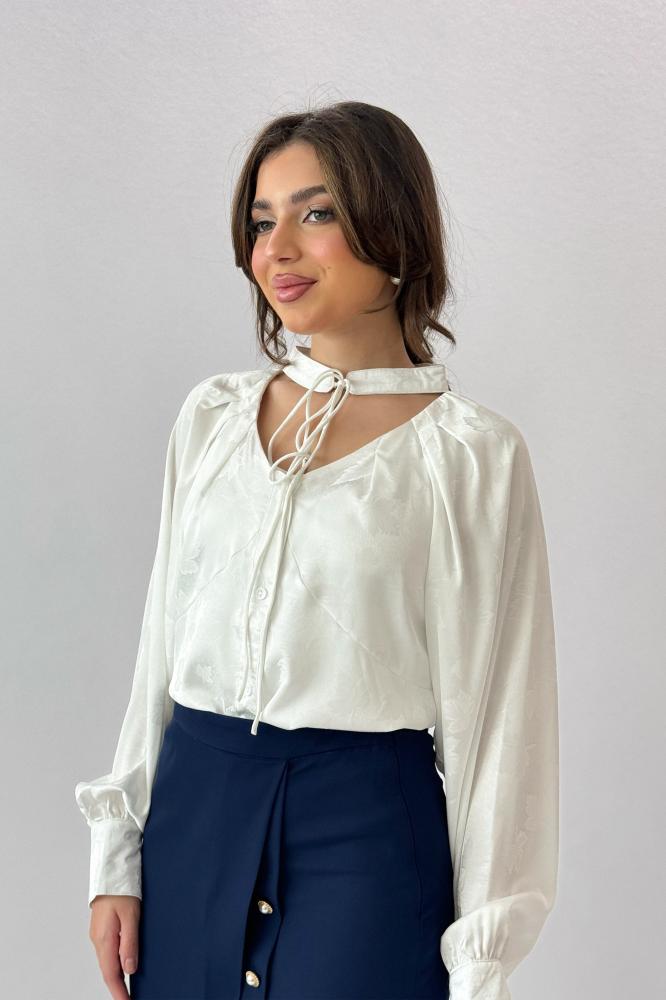 Sugar Leaf Print Tie Neck Blouse المقاس:(M)