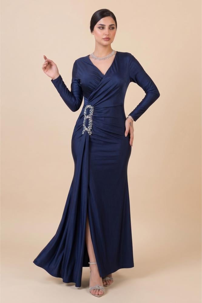 Navy blue maxi dress with slit and gathered waist المقاس:(L - 40)