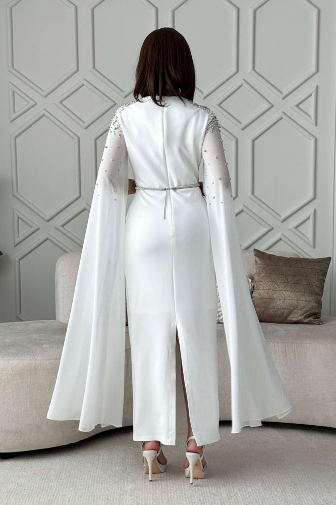 White chiffon cape sleeve midi dress المقاس:(XXL - 44)