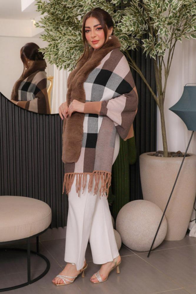 Khaki Plaid Sweater Jacket المقاس:(Free Size)