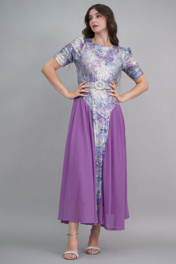 Purple pleated wavy sequin dress