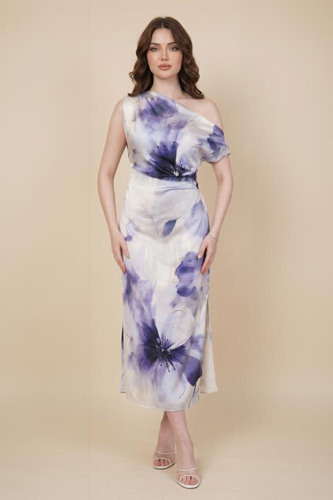 Purple Floral Print Bodycon Dress المقاس:(L - 40)
