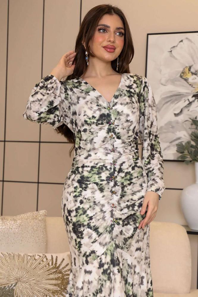 Long green draped dress with crystals المقاس:(L - 40)