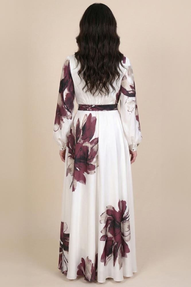 Burgundy Floral Print Satin Maxi Dress المقاس:(S - 36)