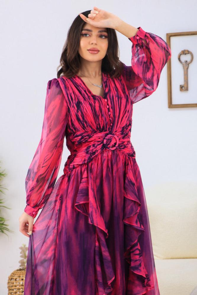 Fuchsia Ruffle Wavy Maxi Dress المقاس:(L - 40)