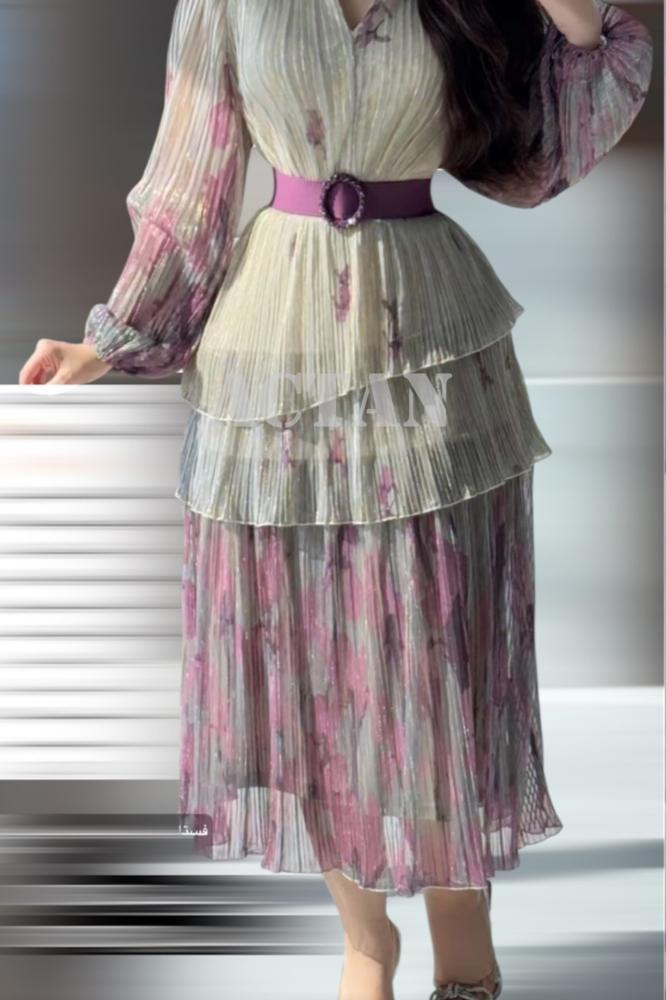 Beige Chiffon Tiered Midi Dress المقاس:(M - 38)