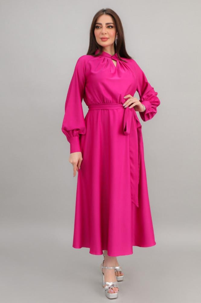 Fuchsia High Neck Overlapping Midi Dress المقاس:(L - 40)