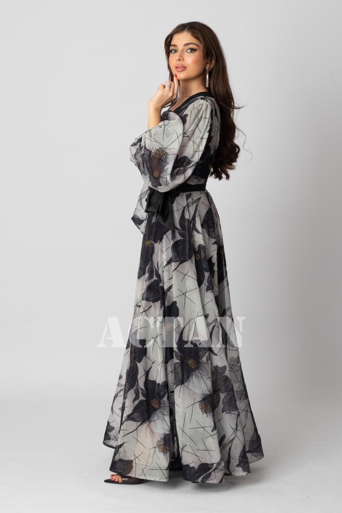Grey Chiffon Velvet Dress with Rose Print المقاس:(M - 38)