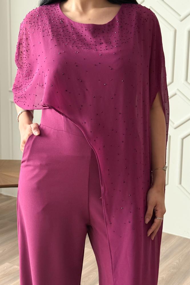 Fuchsia sequin jumpsuit with scarf المقاس:(L)