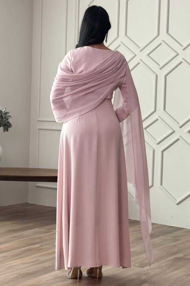 Pink chiffon draped maxi dress المقاس:(L - 40)