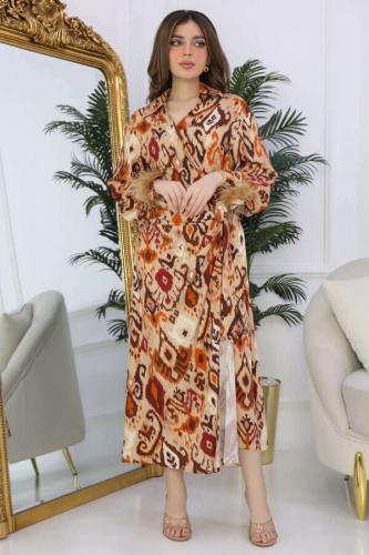 Brown feathered sleeve wrap dress المقاس:(XL - 42)