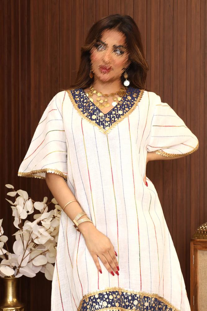 Striped midi jalabiya with gold detailing المقاس:(L)