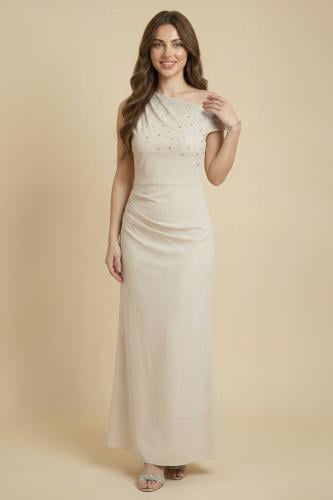 Beige sequined draped bodycon dress المقاس:(XL - 42)