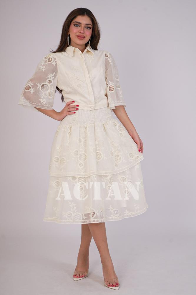 Sugar-colored organza skirt and blouse set المقاس:(M - 38)