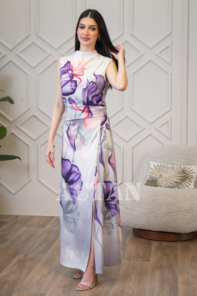 Floral print draped maxi dress المقاس:(L - 40)