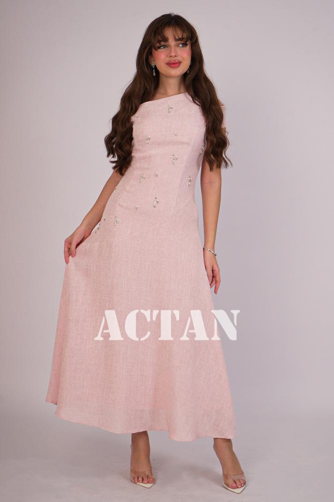 Pink Pearl Embellished Linen Maxi Dress المقاس:(L - 40)