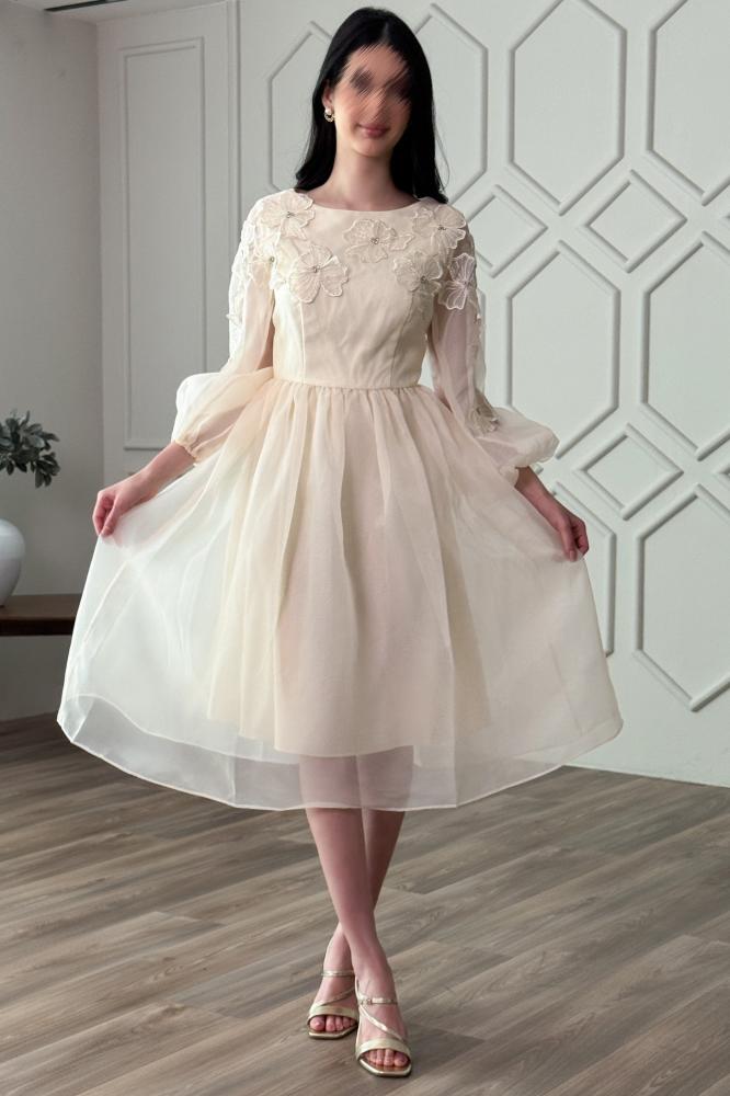 Light beige chiffon short dress with rose appliqués المقاس:(M - 38)