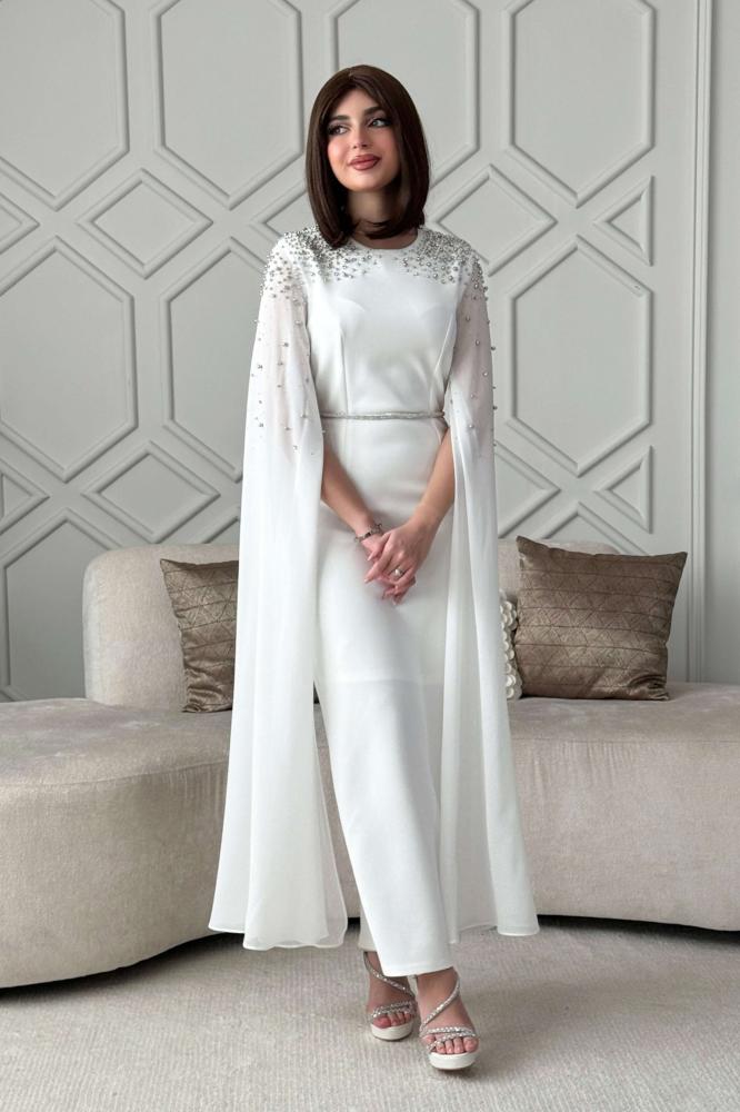 White chiffon cape sleeve midi dress المقاس:(XXL - 44)