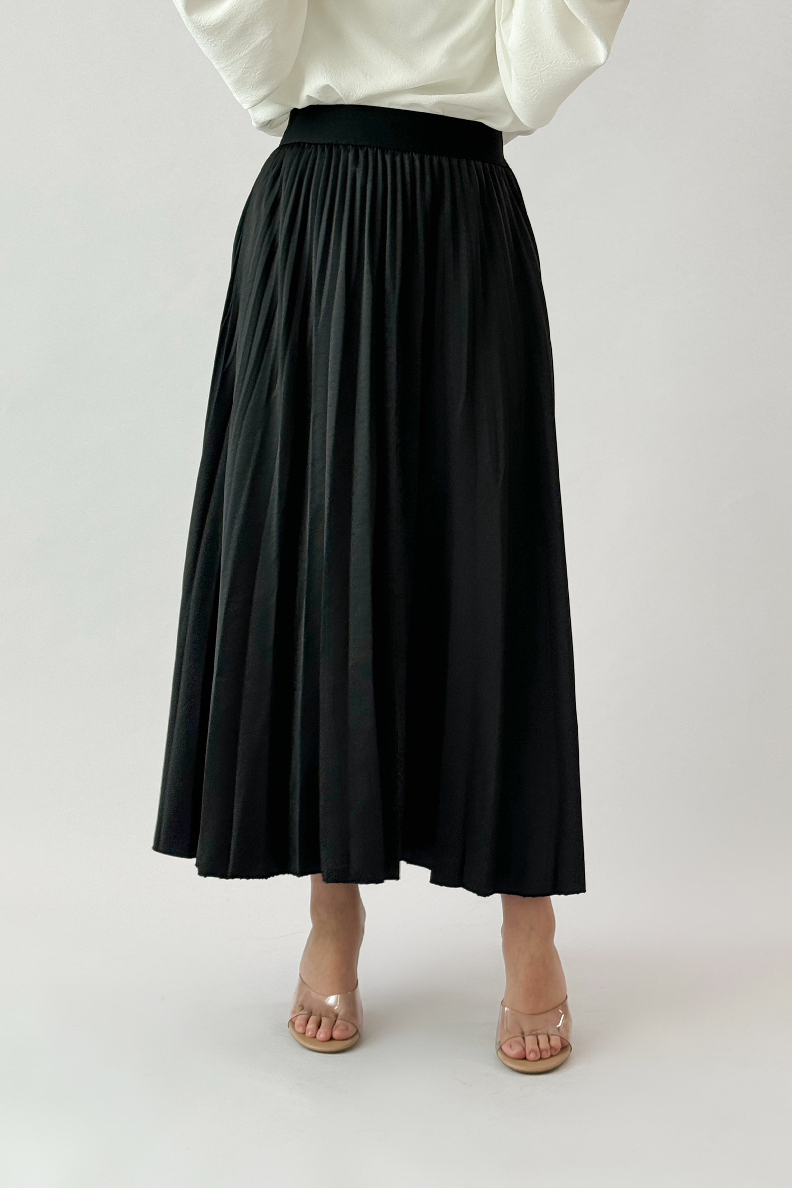 Black satin pleated skirt