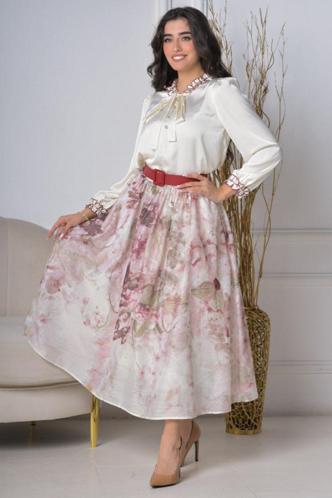 Elegant floral blouse and skirt set المقاس:(L)