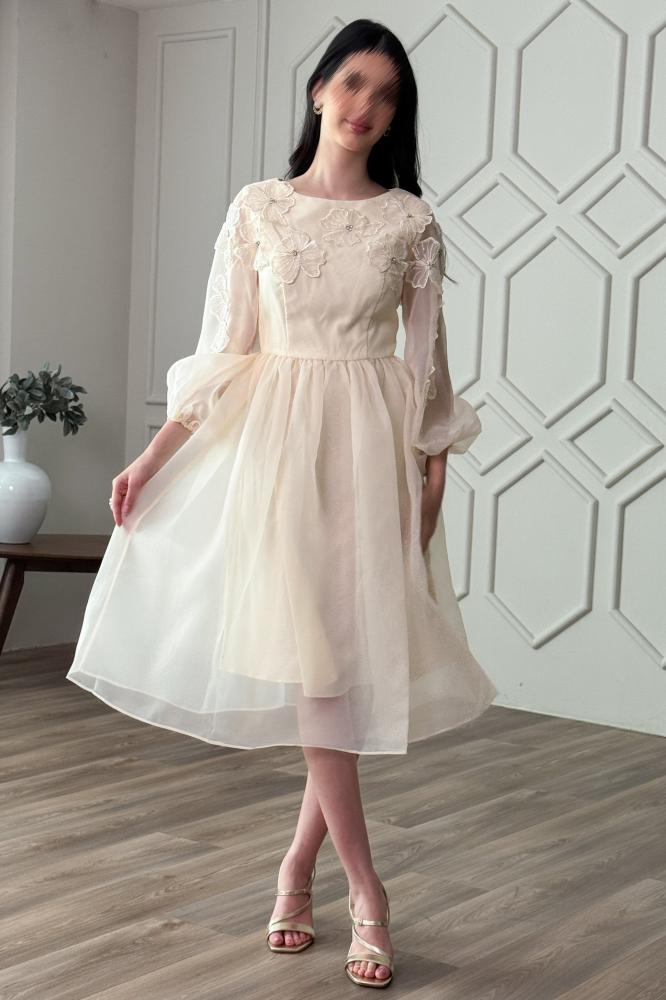 Light beige chiffon short dress with rose appliqués المقاس:(M - 38)
