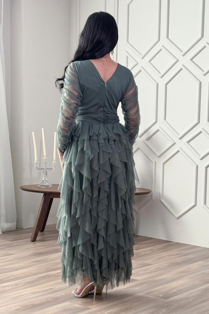 Long green draped layered dress المقاس:(L)