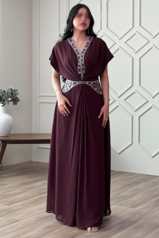 Burgundy chiffon jalabiya with sequins المقاس:(L - 40)