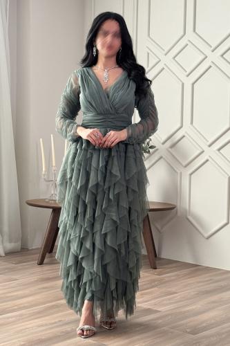 Long green draped layered dress المقاس:(L)