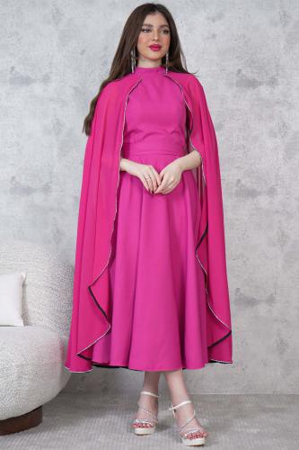 Elegant cape midi dress with embellished fuchsia color المقاس:(L)