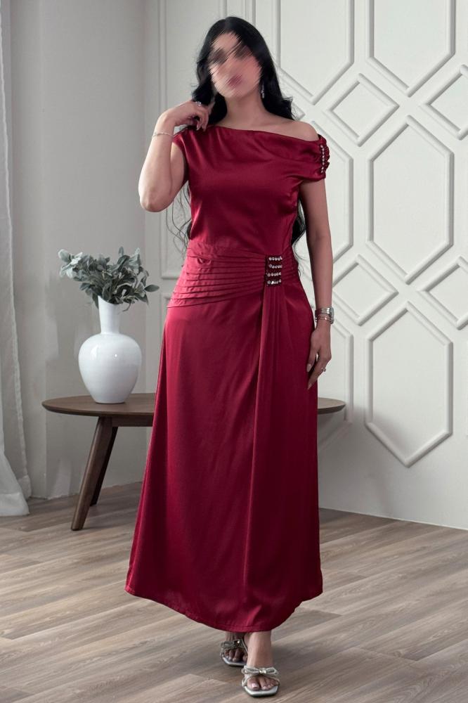 Burgundy one-shoulder draped dress المقاس:(S - 36)