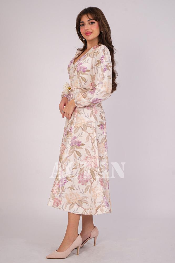 Beige floral midi dress المقاس:(S - 36)