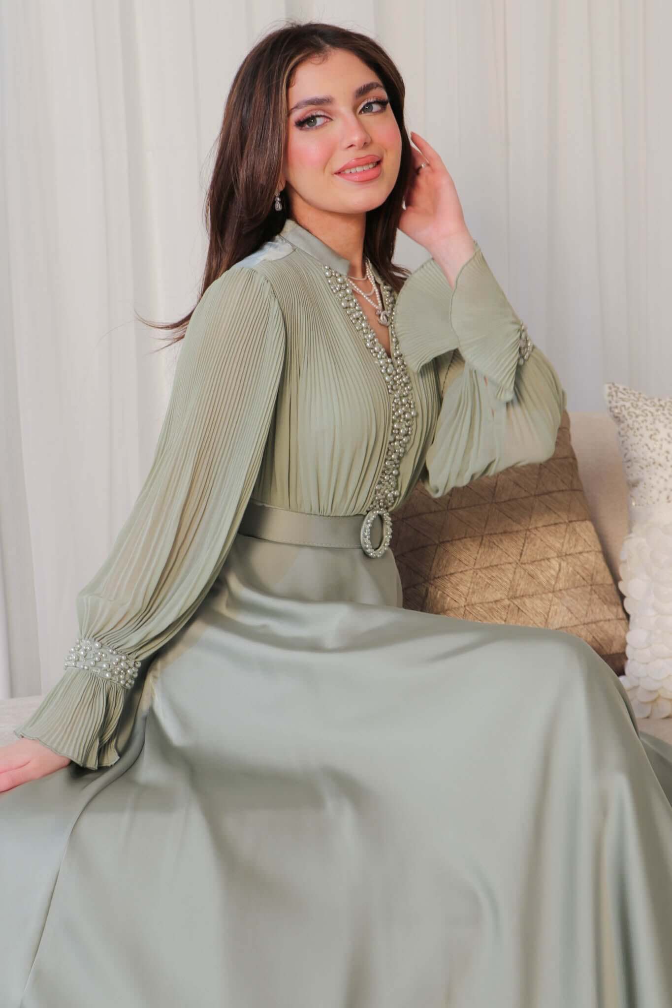 Green Pearl Pleated Maxi Dress