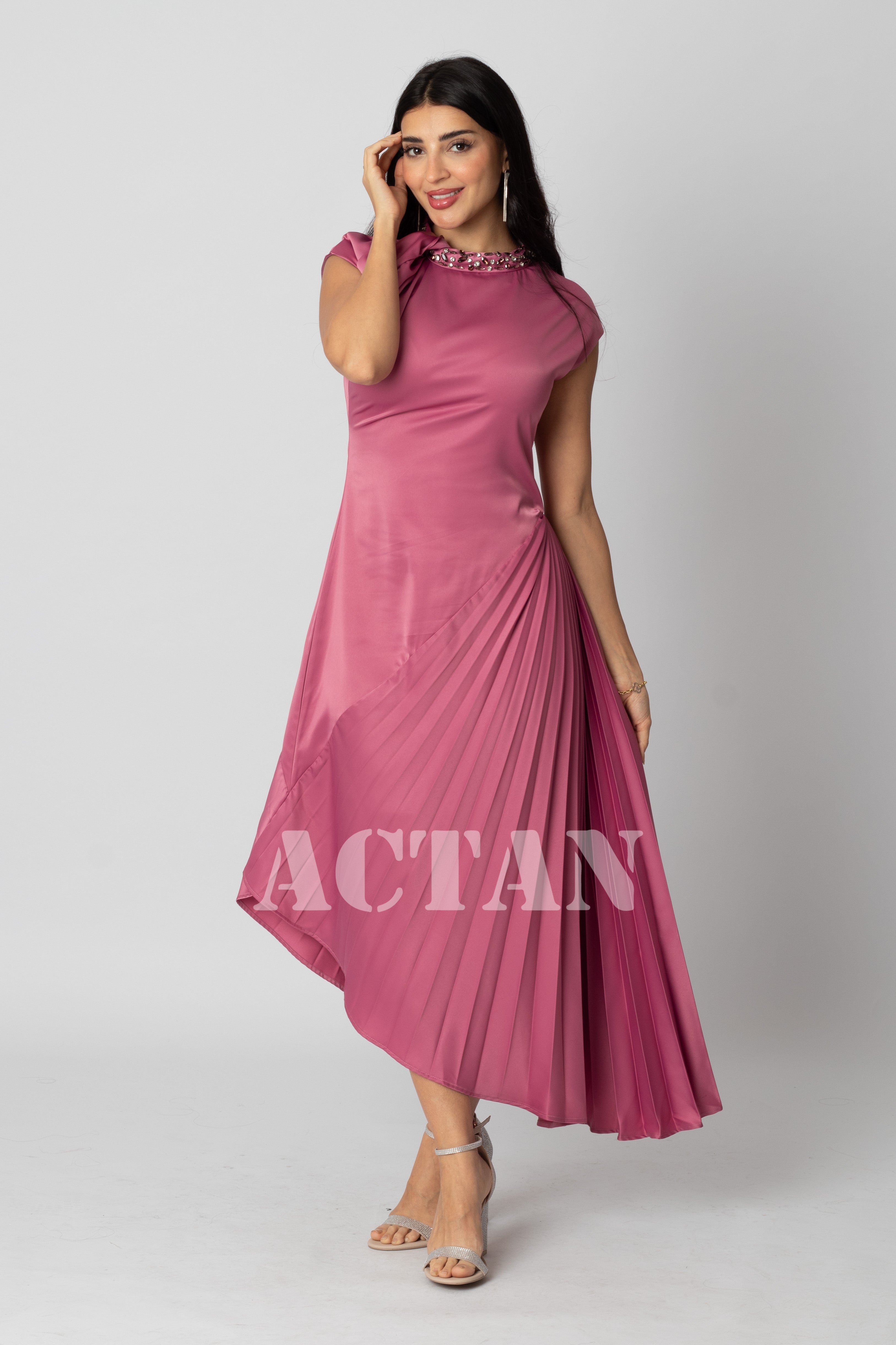 Pink pleated satin midi dress