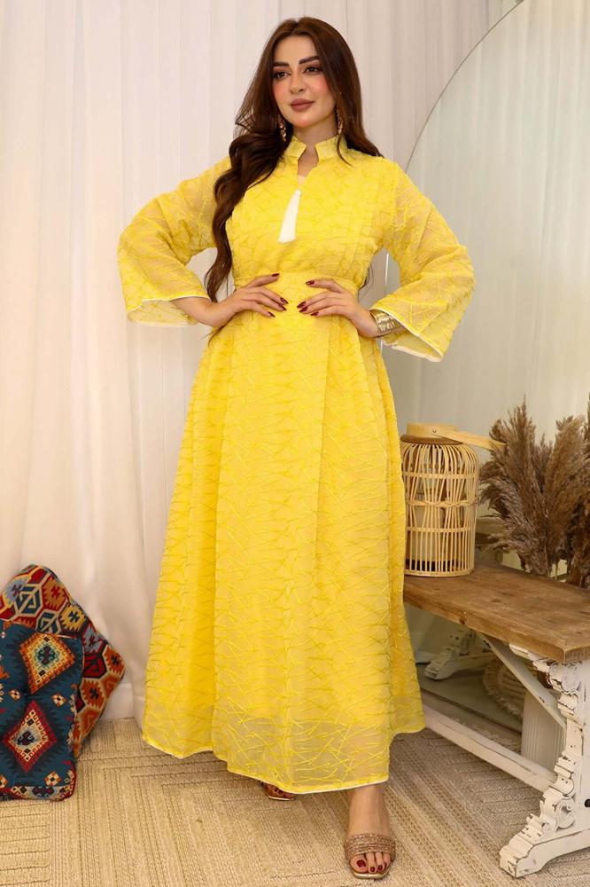 Yellow maxi long-sleeved jalabiya with belt المقاس:(S)