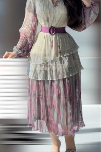 Beige Chiffon Tiered Midi Dress المقاس:(S - 36)