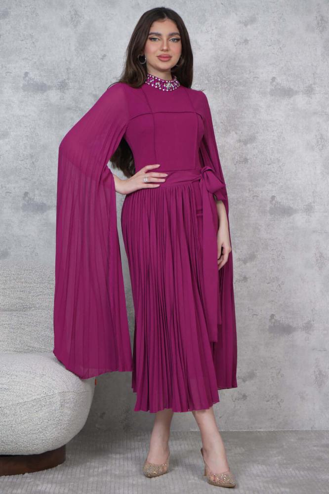 Fuchsia Crystal Embellished Straight Two-Piece Midi Dress المقاس:(L - 40)