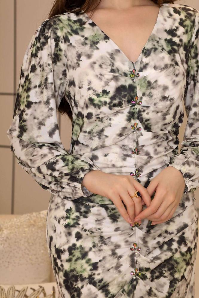 Long green draped dress with crystals المقاس:(L - 40)