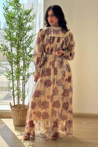 Elegant beige floral print maxi dress المقاس:(L)
